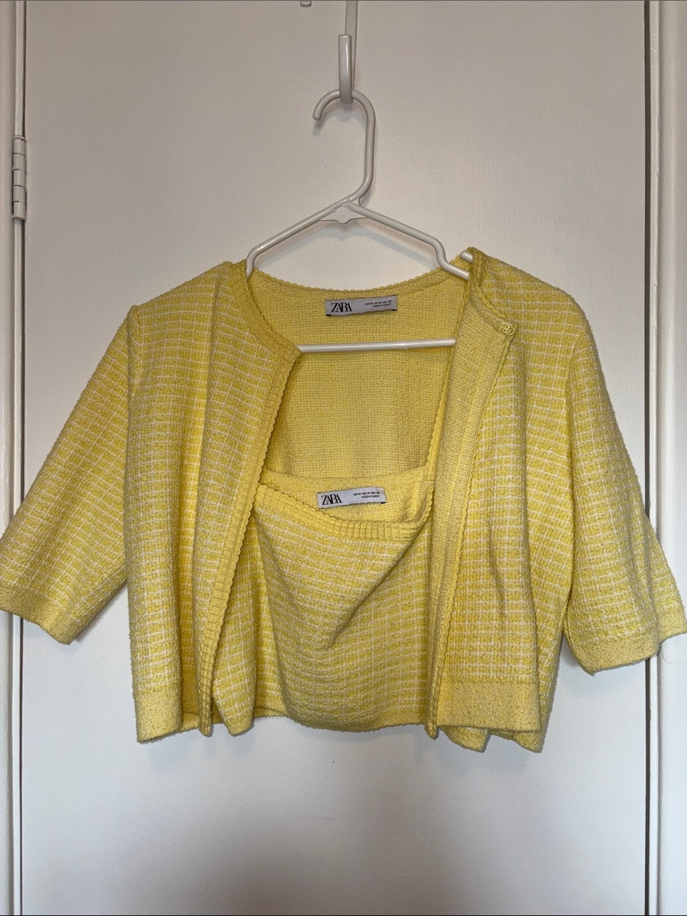 Zara Cropped Yellow Tweed Short Sleeve Cardigan & Tank Set